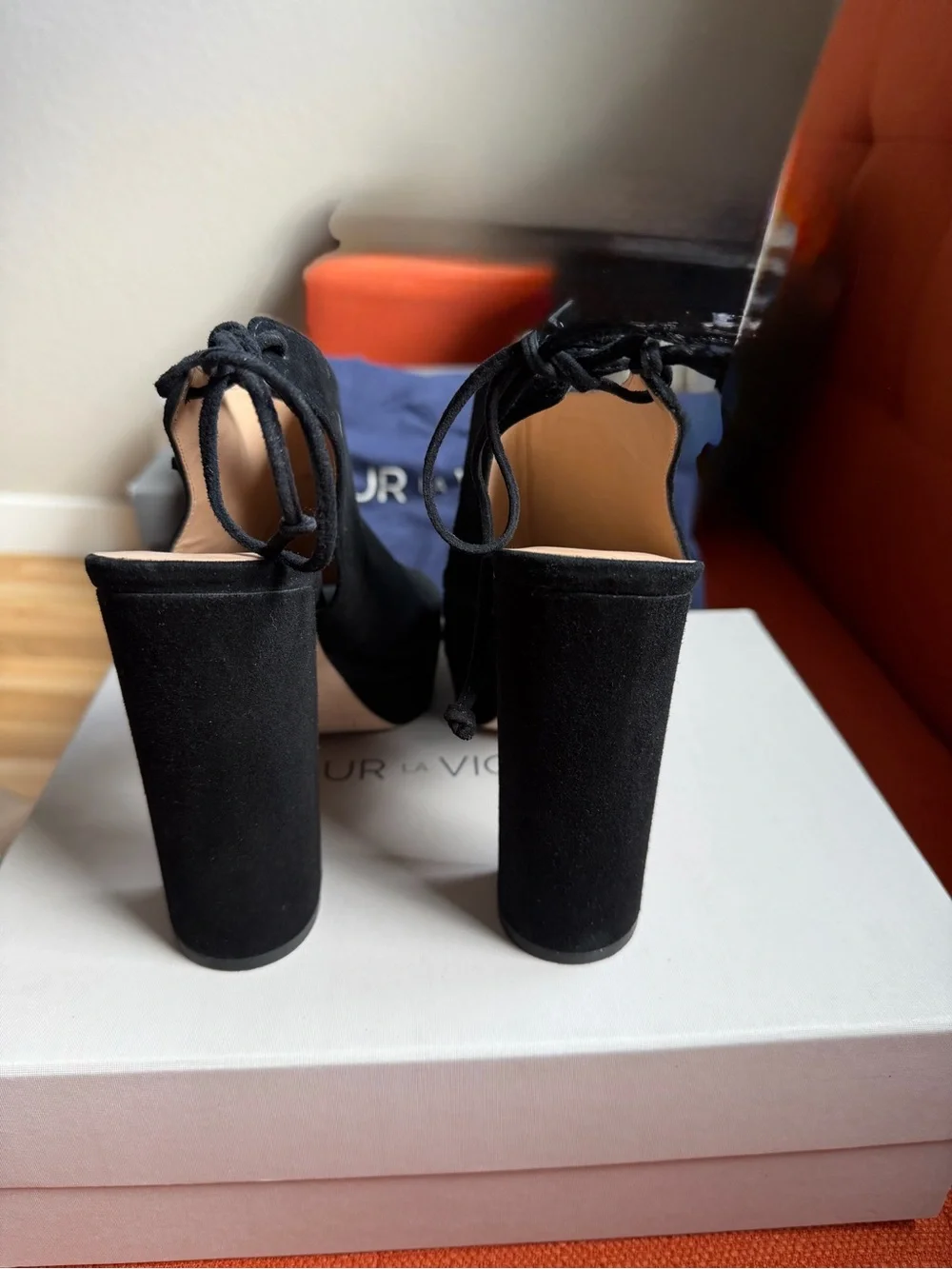 Pour La Victoire Black Suede Platform Peep-Toe Block Heels